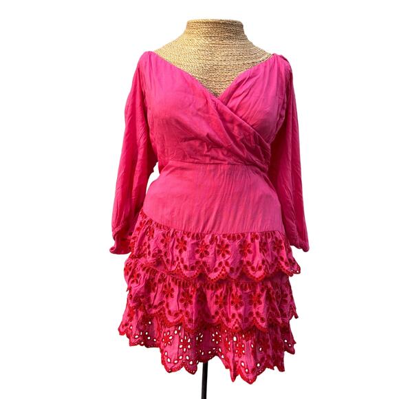 Lovers + Friends Pink Eyelet Ruffle Mini Dress‎ Medium Y2K Coquette Medium - Picture 1 of 9